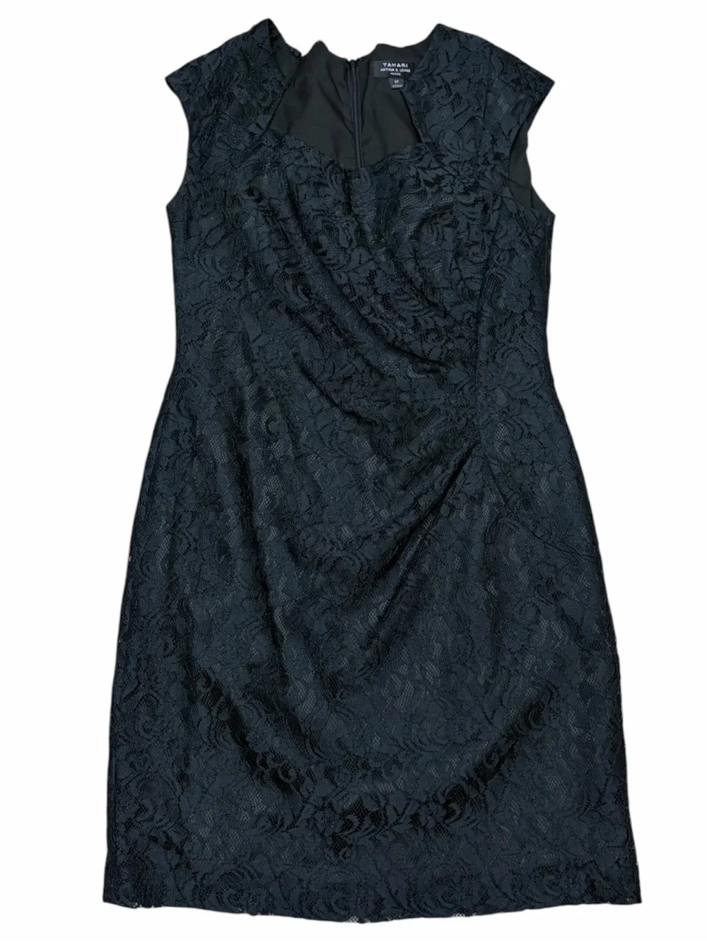 Tahari Arthur S Levine Black Lace Draped Peplum Sheath Dress 8P Petite
